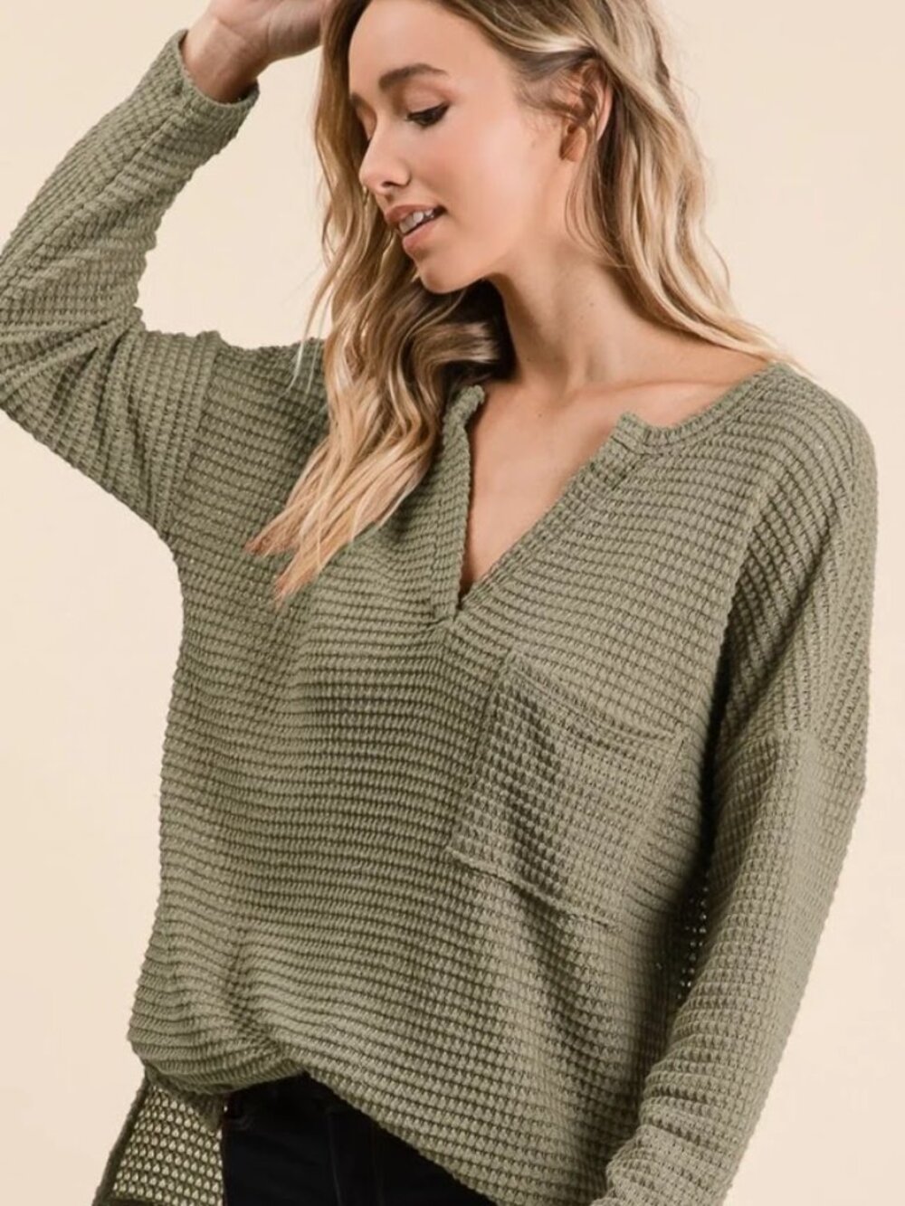 Pink Lily Olive Green V-Neck Oversized Waffle Knit Top - Size Medium